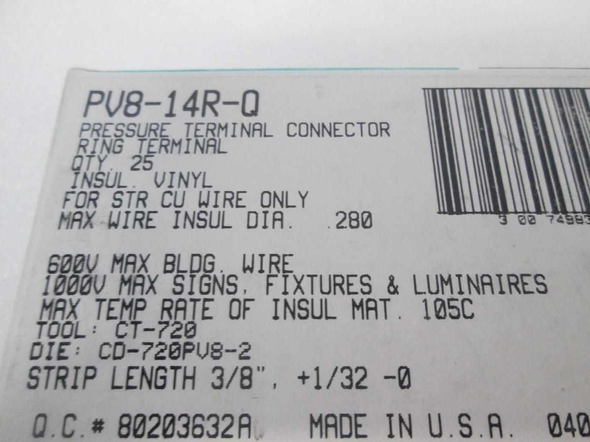 Panduit, Pan-Term Terminals, PV8-14R-Q, Stud 1/4, Wire Size 8, New, Lot of 23