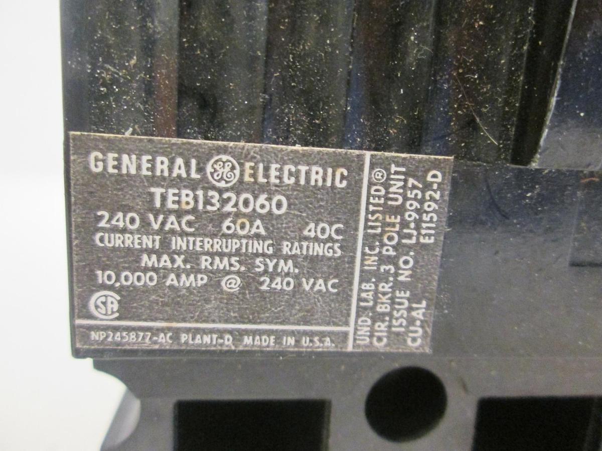 Used General Electric Circuit Breaker TEB132060, 240VAC, 60A, 3 Pole Used