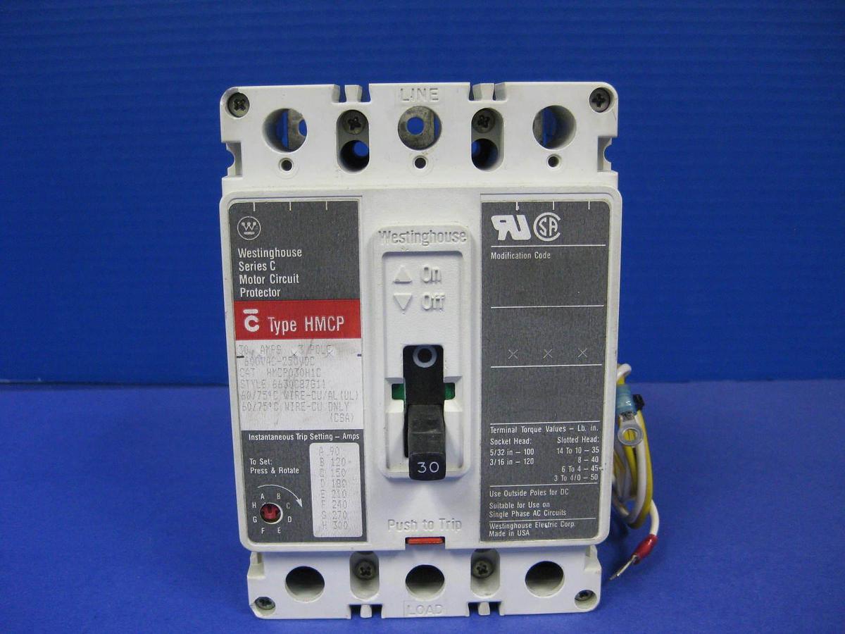 Used Westinghouse Series C HMCP030H1C Circuit Breaker, 600VAC-250VDC 30A 3 Pole, Used