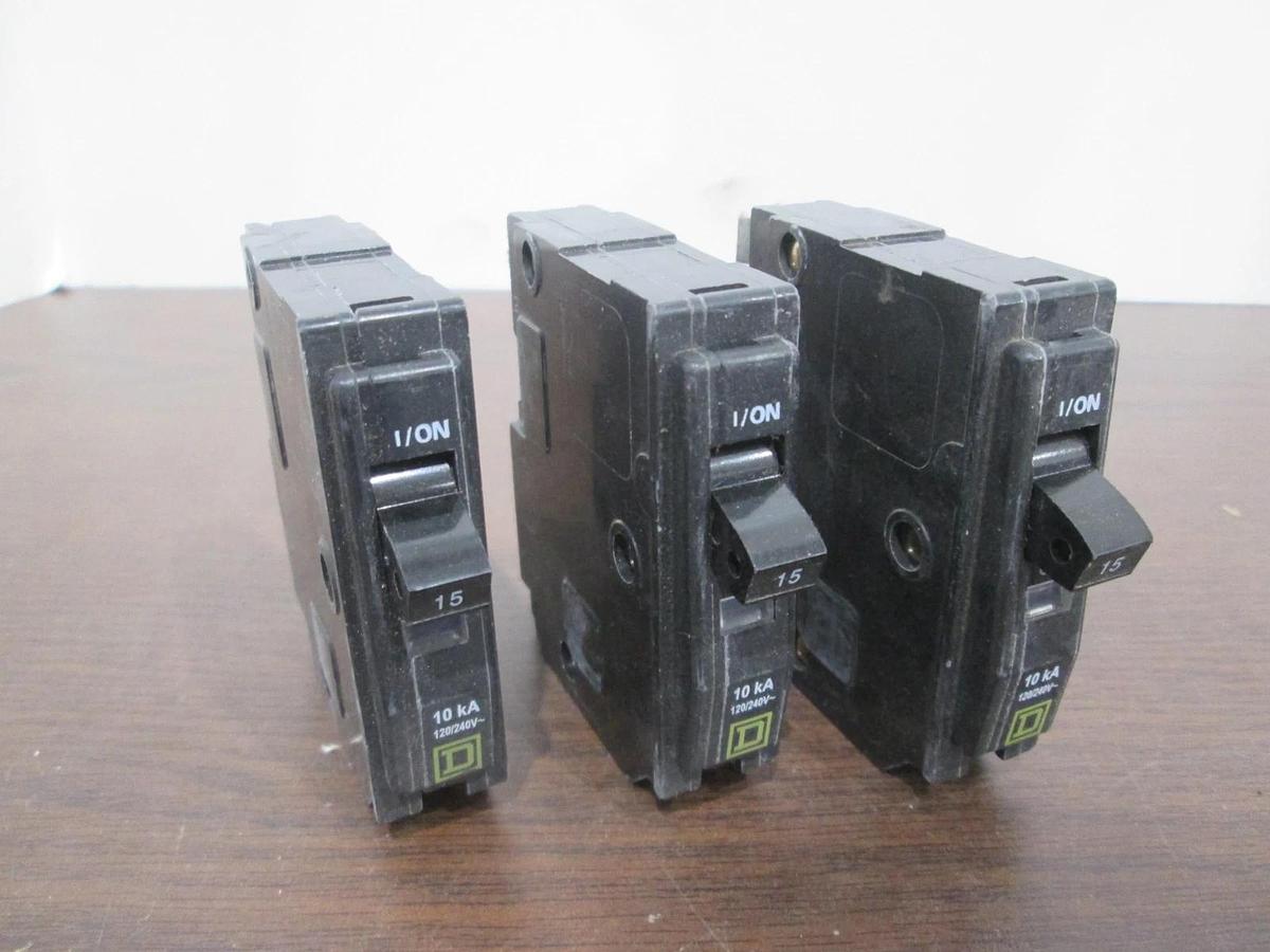 Used Square D, Type HACR, AD-8011, Single Pole Circuit Breaker, 15A, Used, Lot of 3