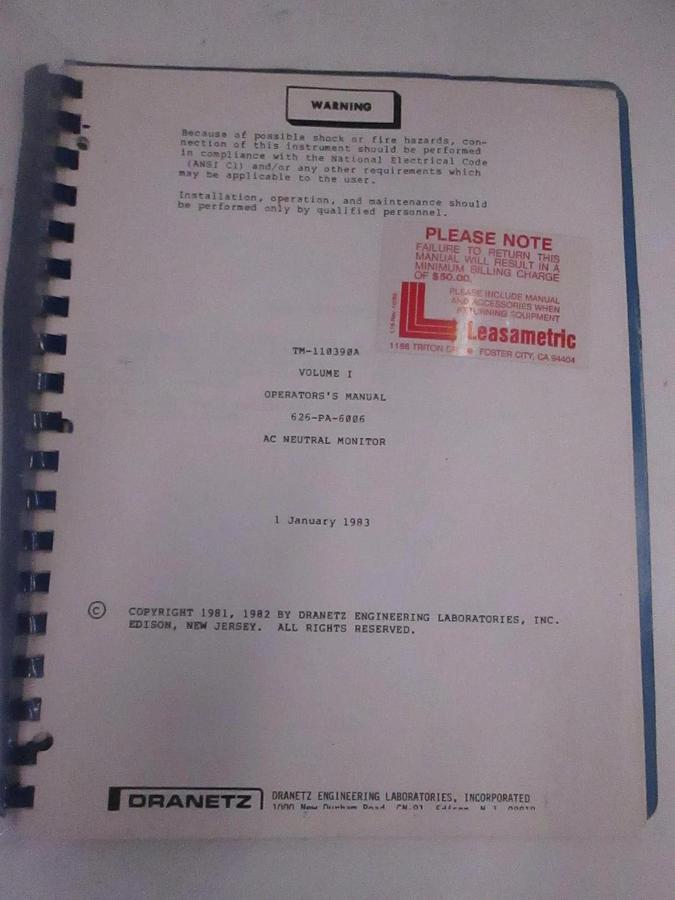 Used Dranetz TM-110390A Volume 1 Operator's Manual, Used