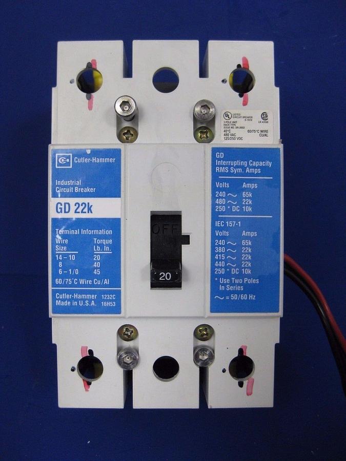 Used Cutler Hammer GD 22K Circuit Breaker 20A, 3 pole,
