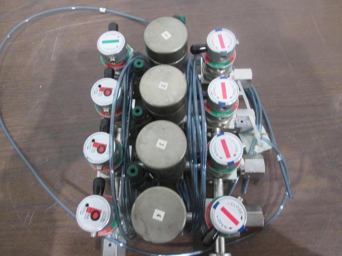 Used APTech AP4625 (8) Manual Diaphragm Valve Manifold Assy w/ 4 Valves, Used
