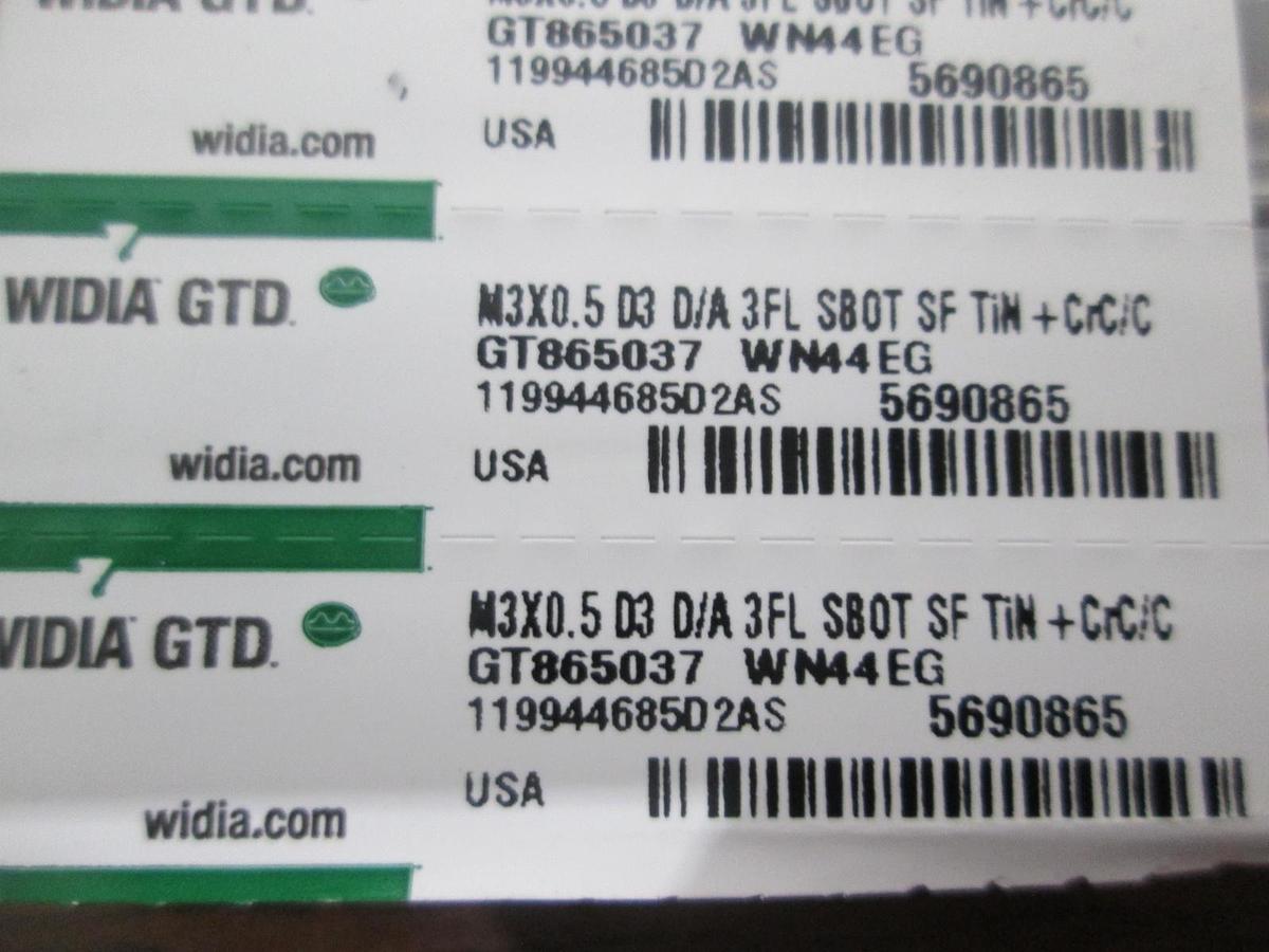 Widia GTD, GT865037, M3X0.5 D3 D/A 3FL SBOT SF TiN+CrC/C, New, Lot of 10