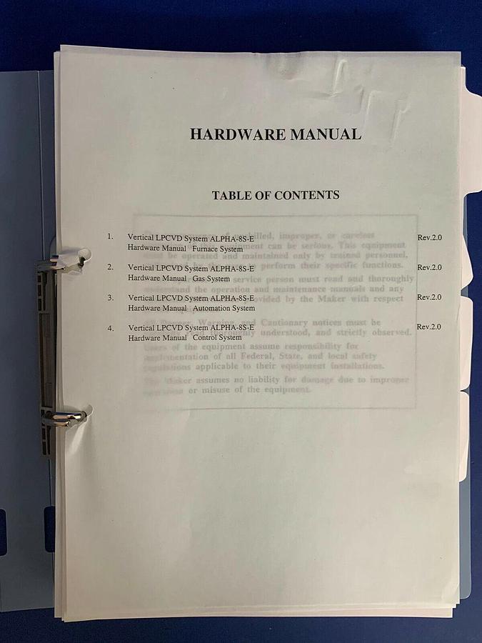 Used Tokyo Electron ALPHA-8S-E Vertical LP-CVD Hardware Manual