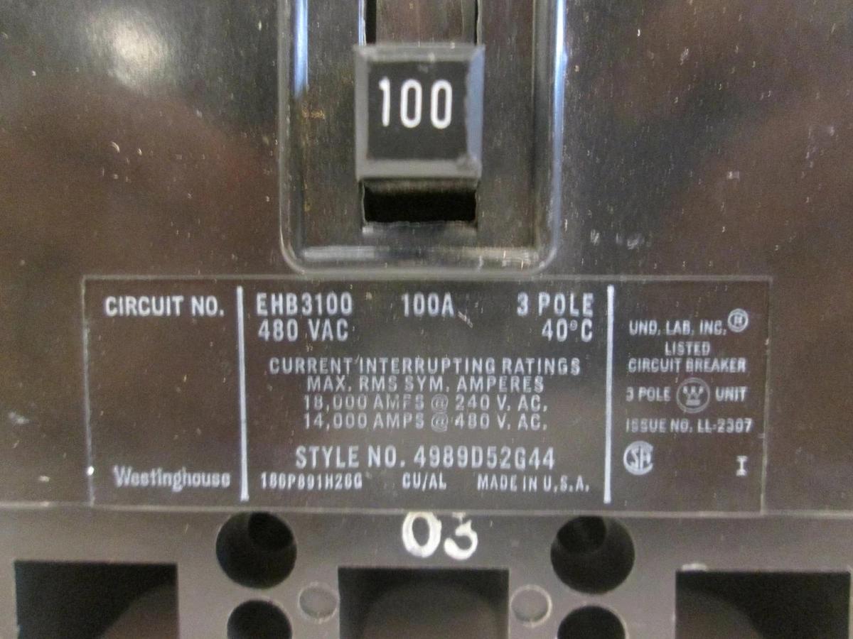 Used Westinghouse EHB3100 Circuit Breaker, 480 VAC 100A, 3 Pole