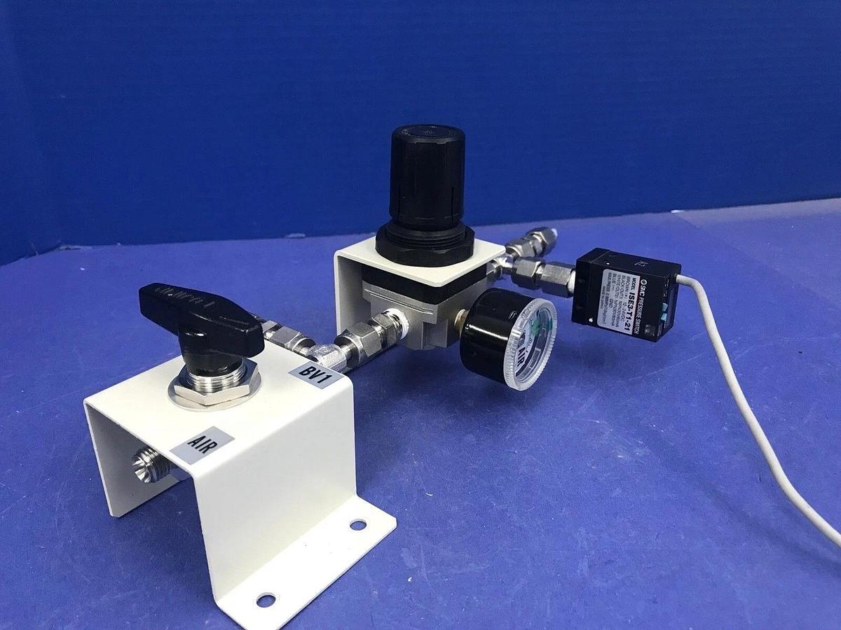 Used SMC Pressure Regulator Assy w/ ISE3-T1-21 Pressure Switch & Ball Valve, TEL Used
