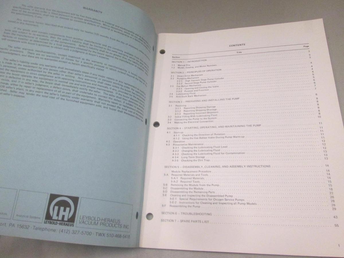 Used Leybold, 99-800-005, Operation and Maintenance Manual for TRIAC Pumps, Used