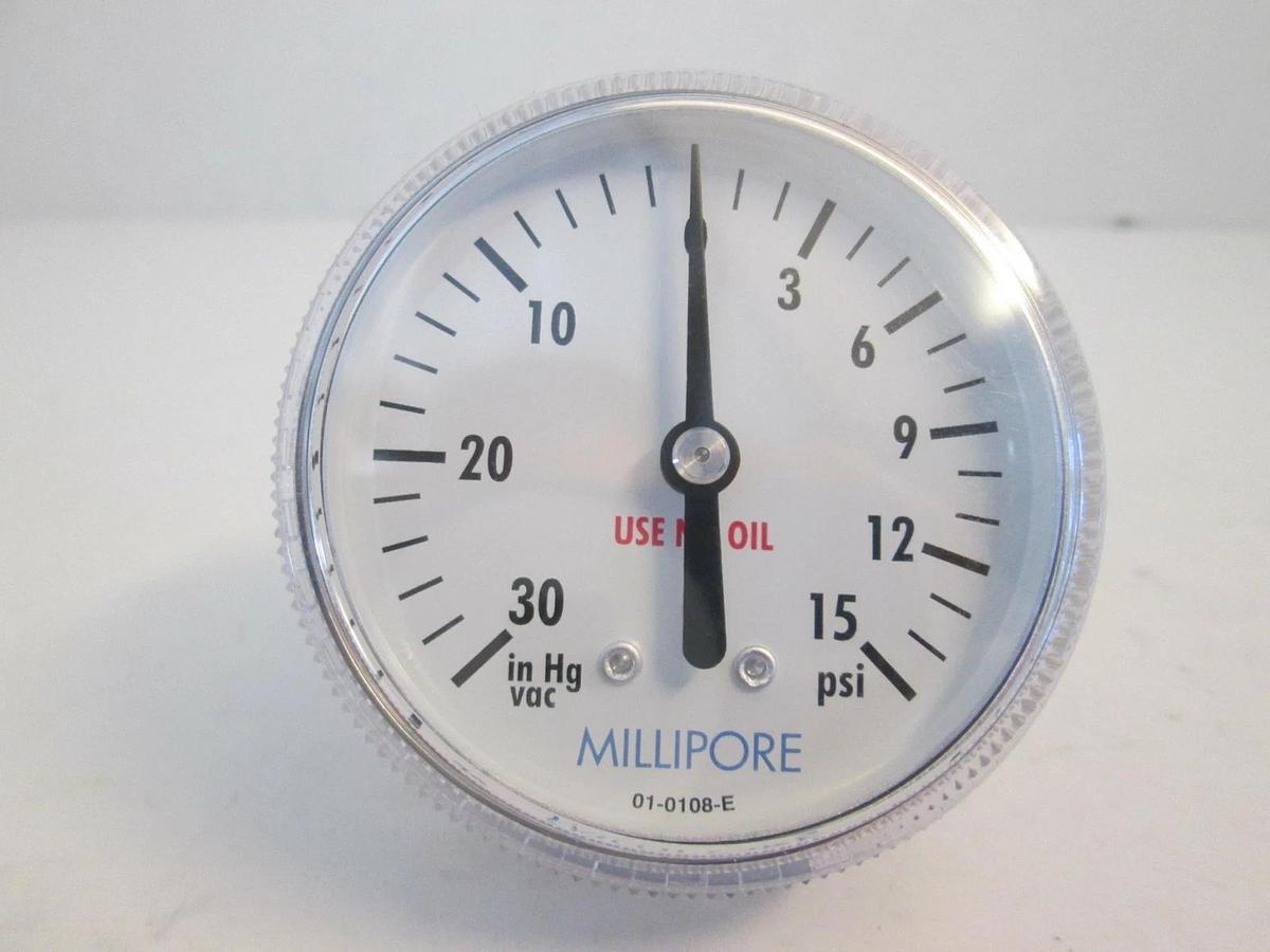 Used Millipore Pressure Gauge 30-0-15 psi, 1/4" NPT, Used