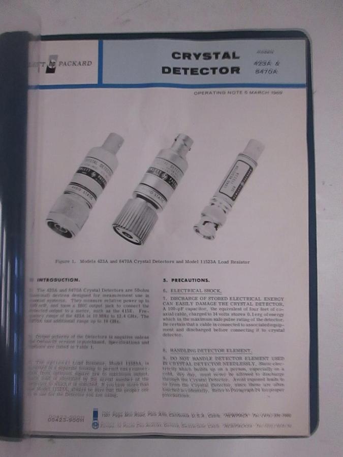 Used HP 423A and 8470A Crystal Detectors Operating Note, Used