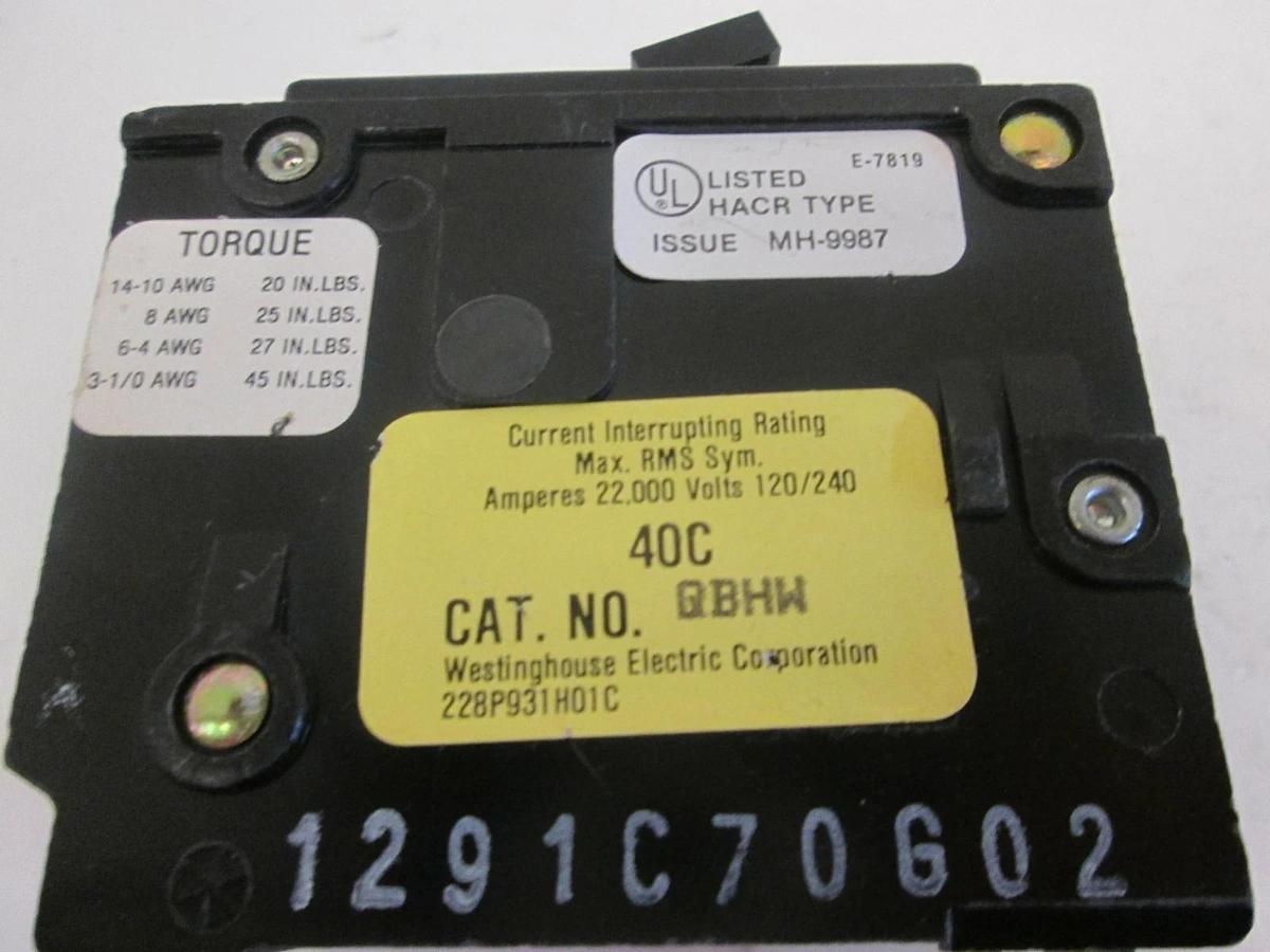 Used Westinghouse 228P931H01C Circuit Breaker, 120/240 VAC, 2 Pole, 20A