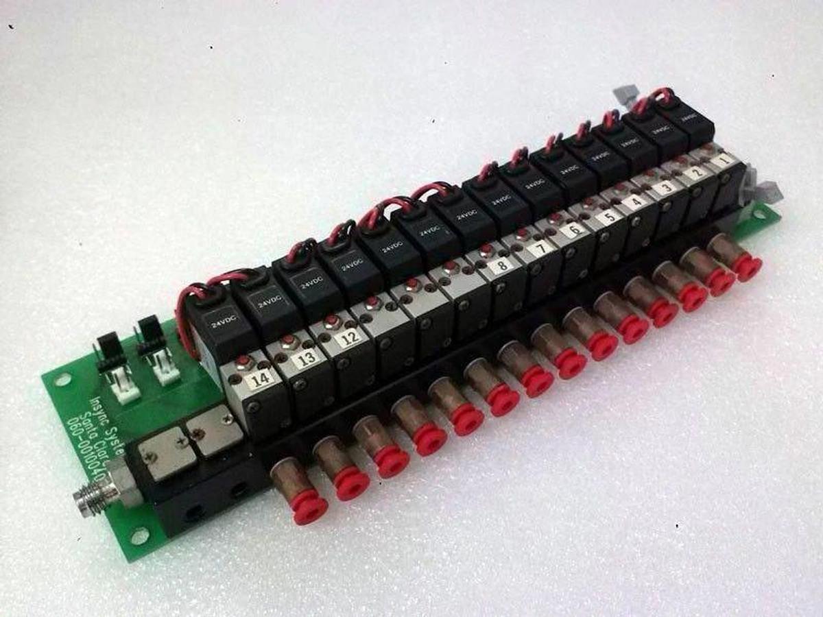 Used Insync Systems 060-0010040-A PCB Assembly with 14 24-Volt Solenoid Valve, Used