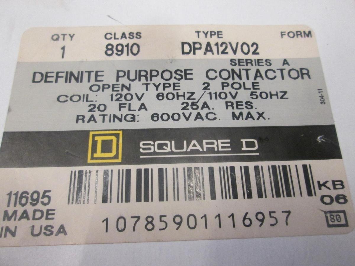 Square D, DPA12V02, Definite Purpose Contaactor, 2 Pole, New