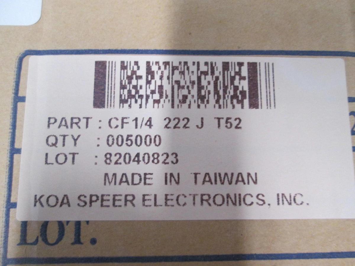 KOA, CF1/4 222 J T52, Resistor, Carbon Film, New, Reel of 5000
