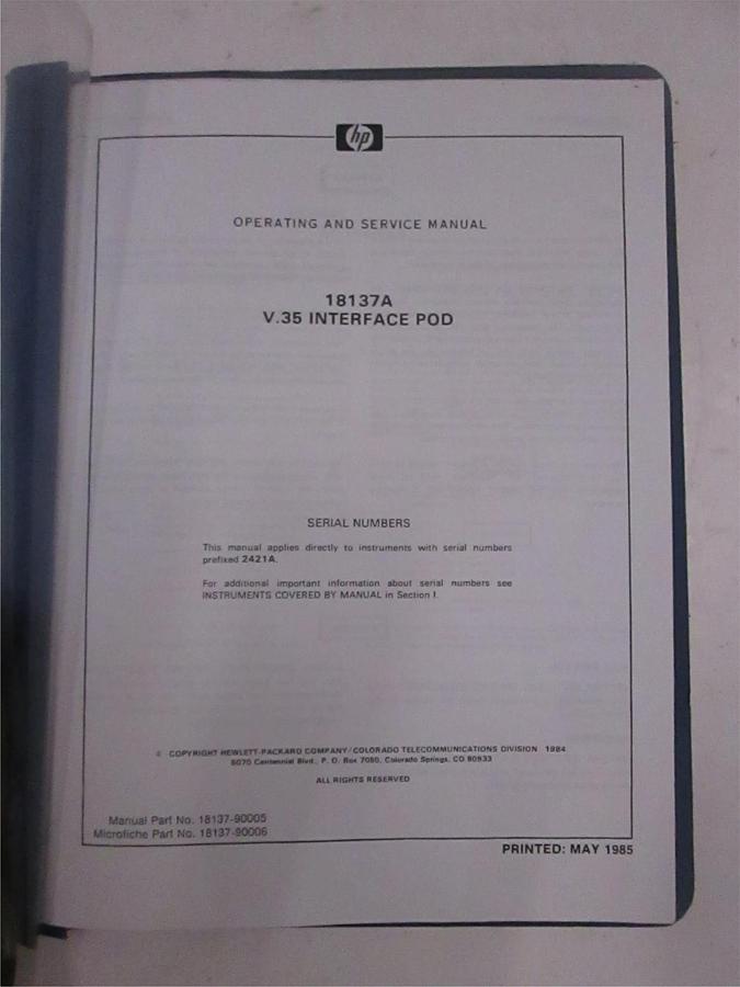 Used HP 18137A V.35 Interface Pod Operating and Service Manual, Used