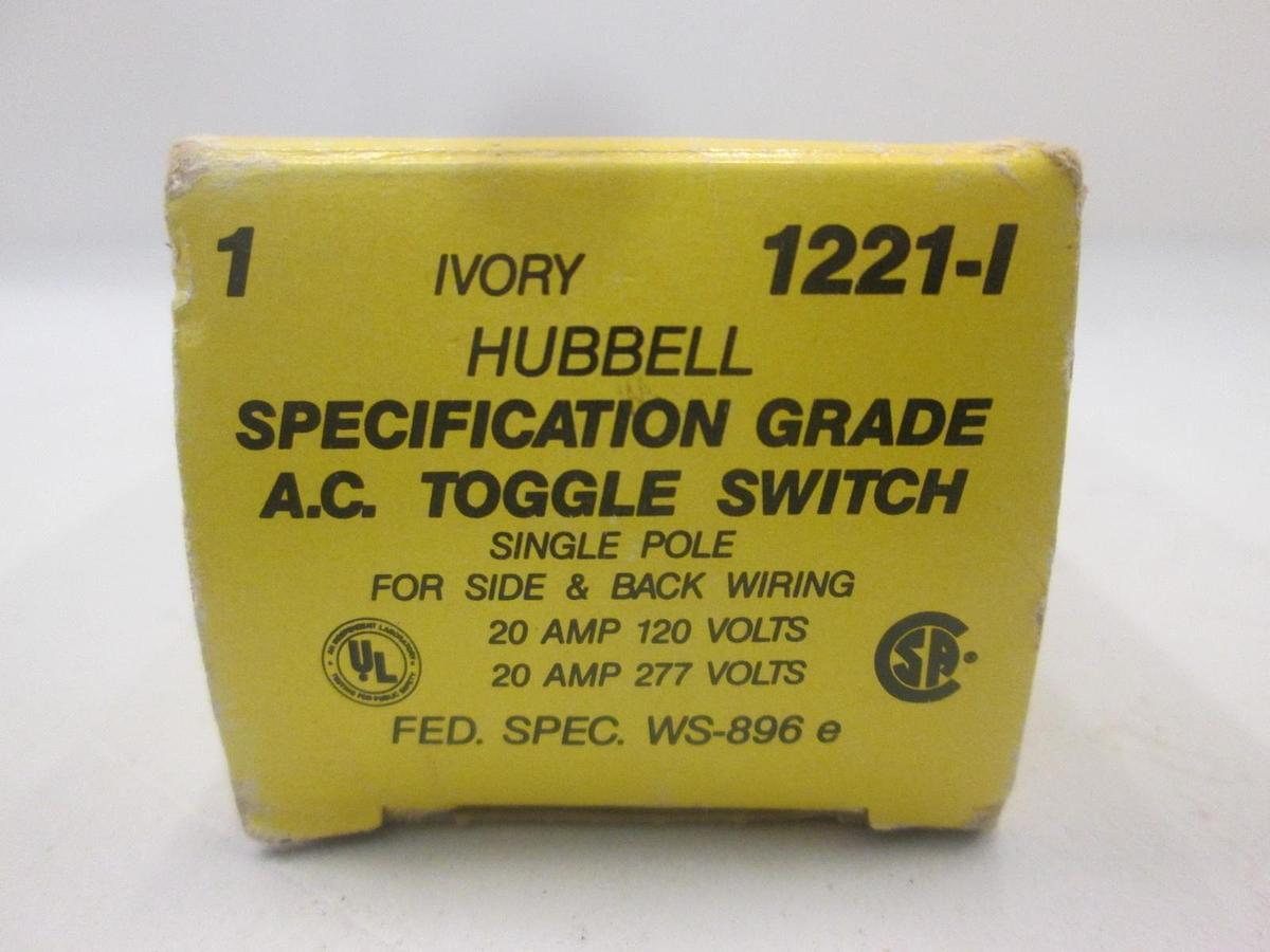 Hubbell, 1221-I, A.C. Toggle Switch, Single Pole, 20A, New