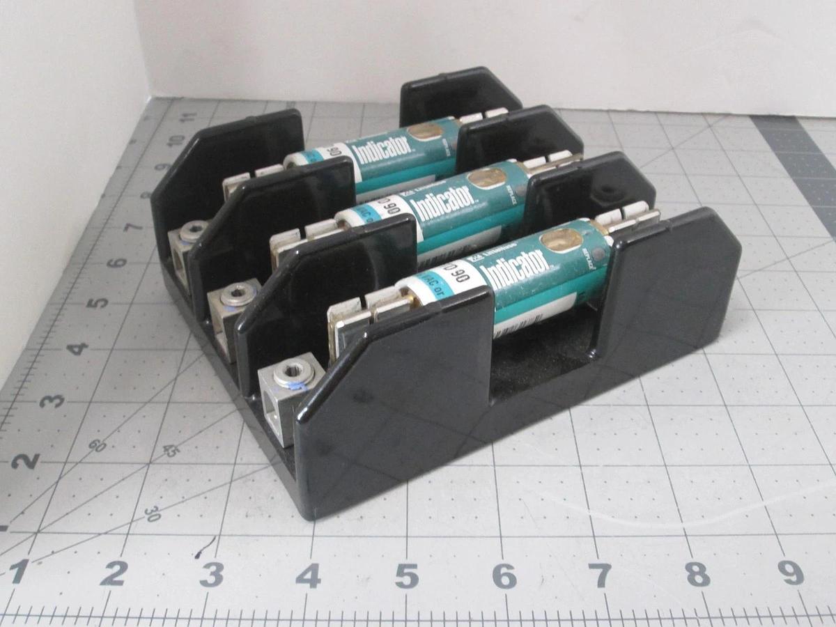 Used Bussmann, J60100-3CR Fuseholder w/ 3 Littelfuse JTD 90 ID Fuses, Used