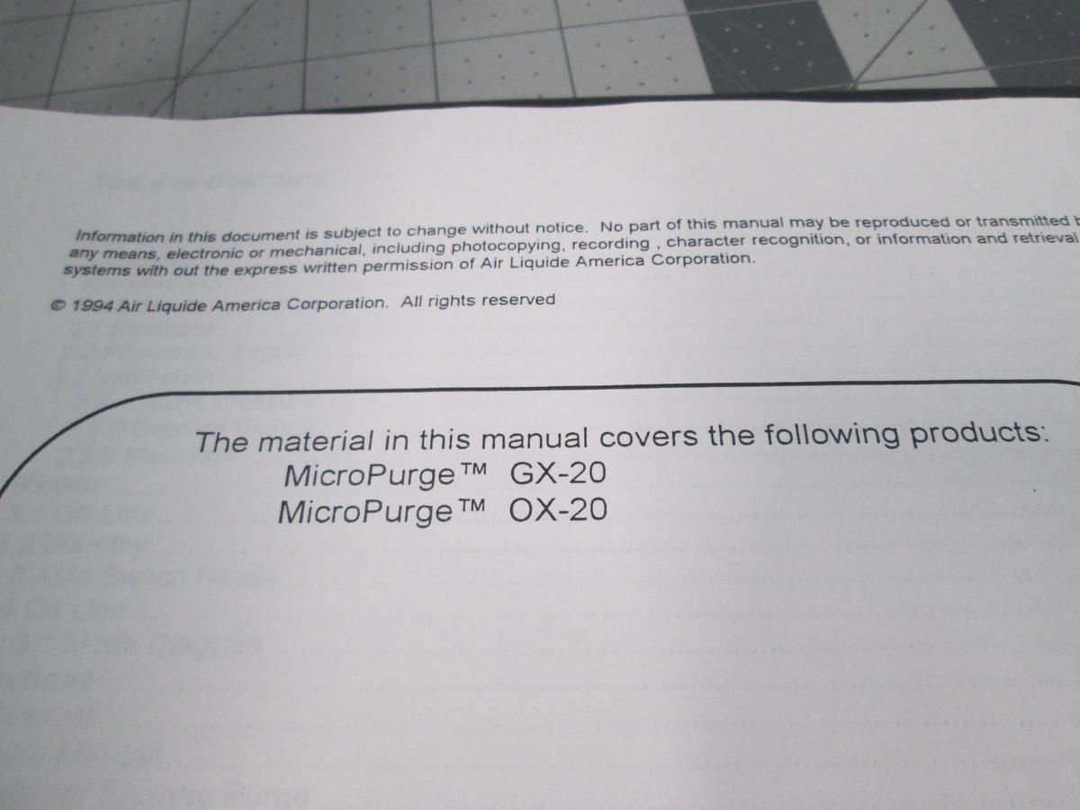 Used Air Liquide, MicroPurge GX-20/OX-20, Manual, Used