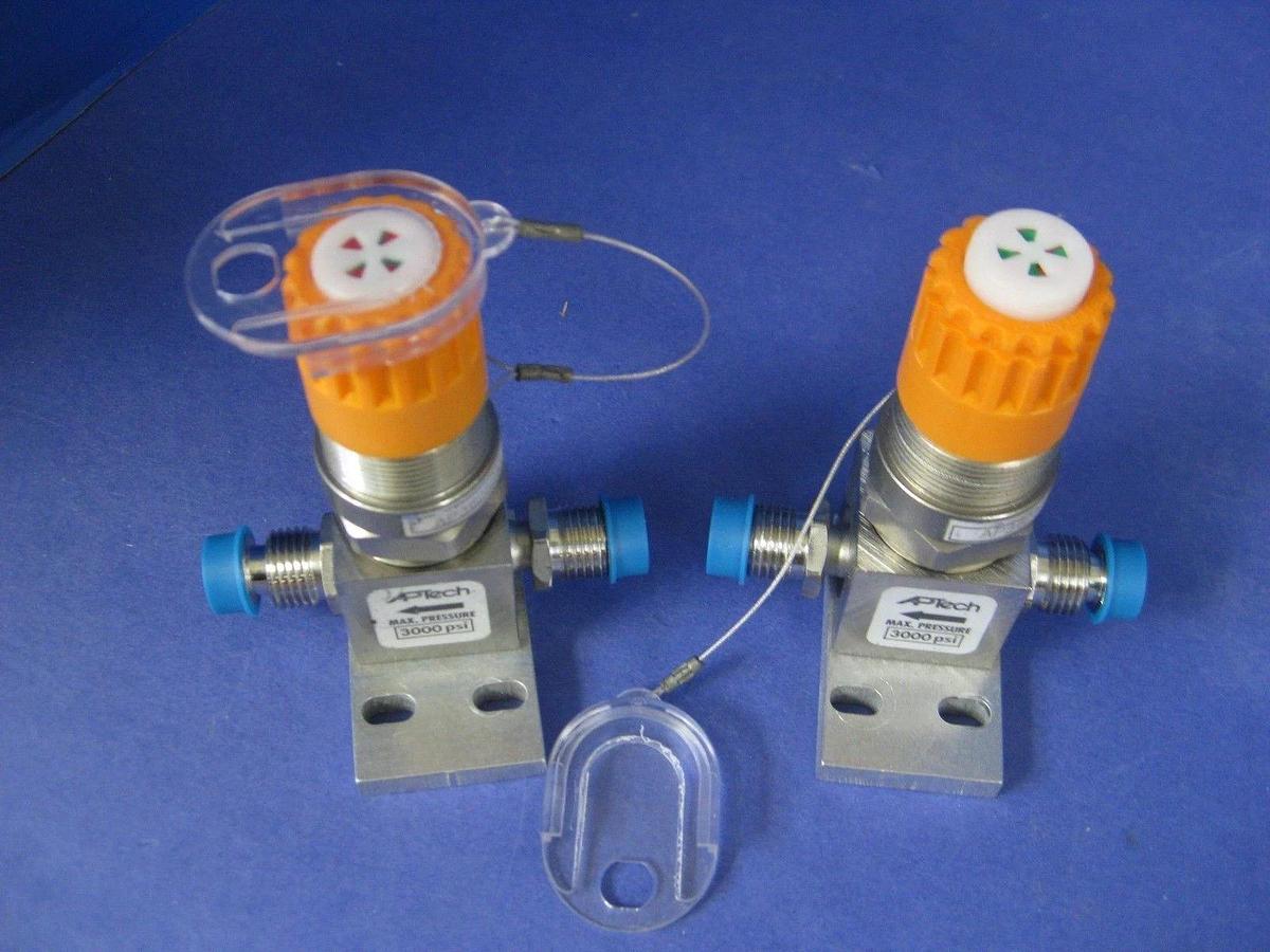 Used APTECH AP3625SM Manual Diaphragm Valve w/ Orange-Yellow Handle & LOTO, Lot of 2