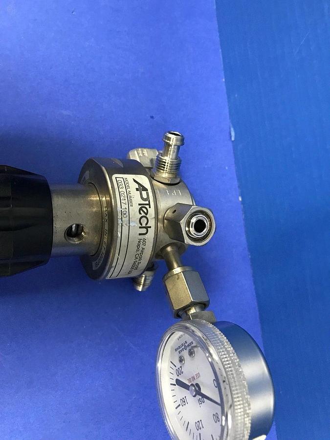 Used APTech Semi Gas Pressure Regulator 033 0217 100, 5 Port, 1/4" VCR w/ Gauge- Used