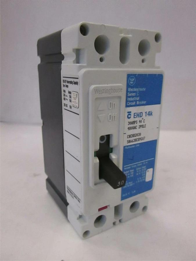 Used Westinghouse EHD2030 Circuit Breaker, 2 Pole, 30A, 480 VAC, Used