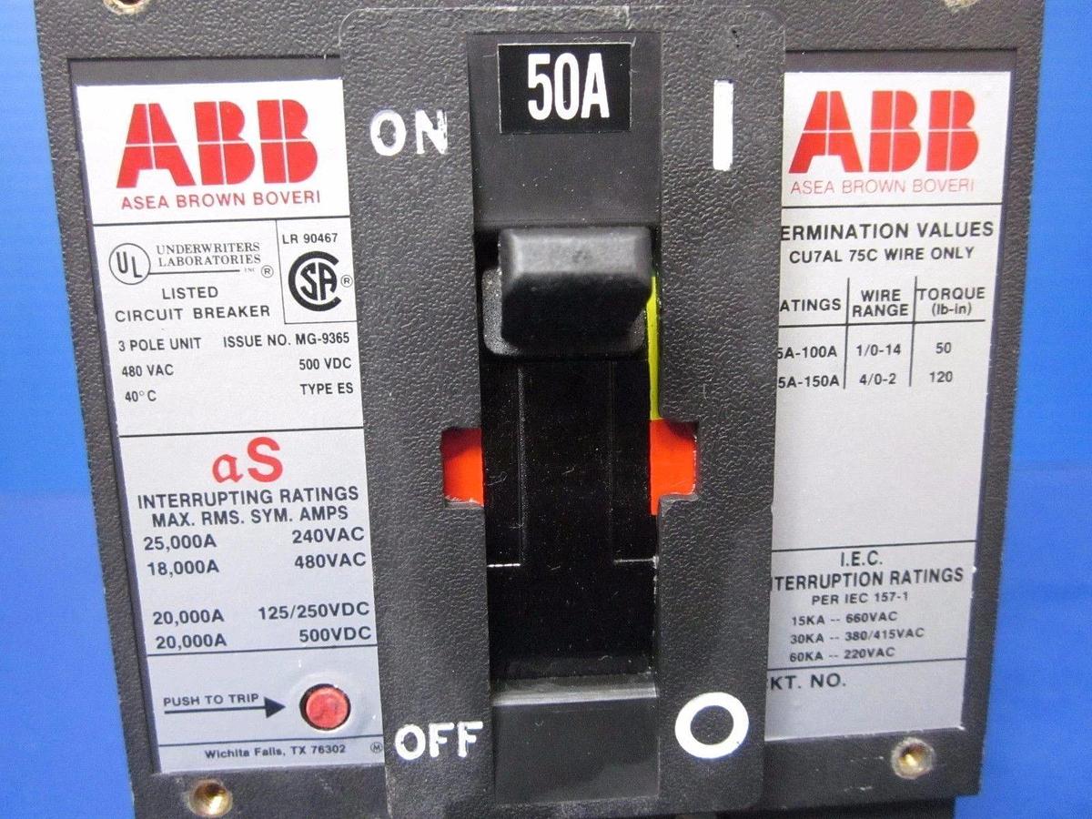 Used ABB UXAB 727131 R 113 Circuit Breaker, 50 AMP, 3 Pole, Type ES, Used