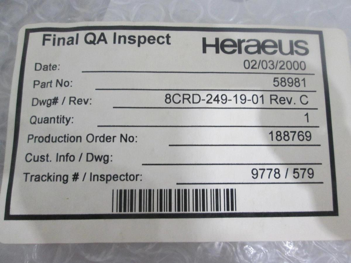 Heraeus, 58981, 8CRD-249-19-01, Quartz Backing Plate, New