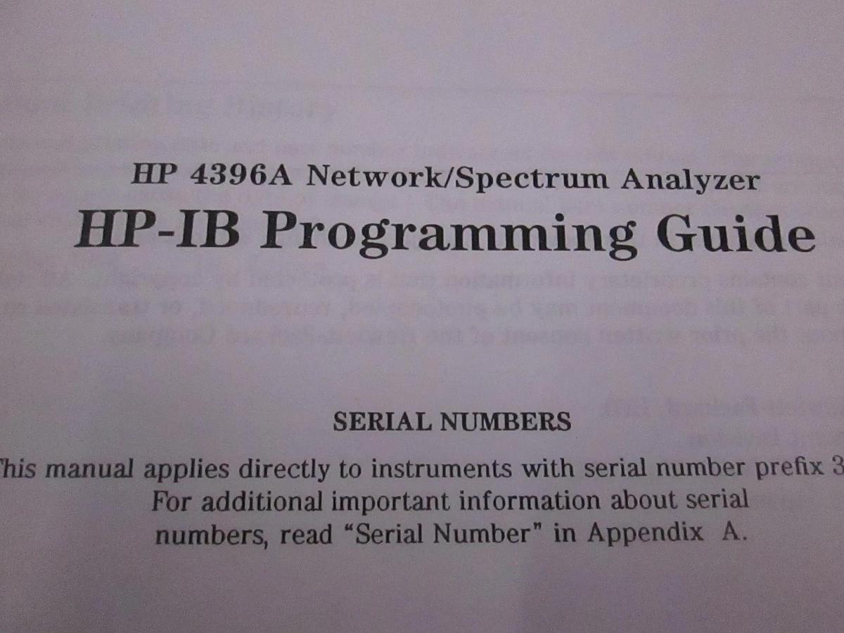Used HP Model 4396A Network/Spectrum Analyzer HP-IB Programming Guide, Used