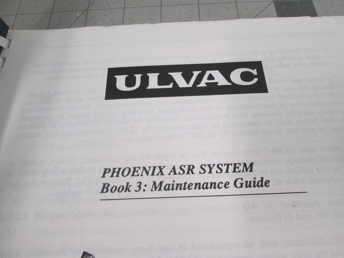 Used Ulvac, Phoenix ASR System Book 3, Maintenance Guide, Used