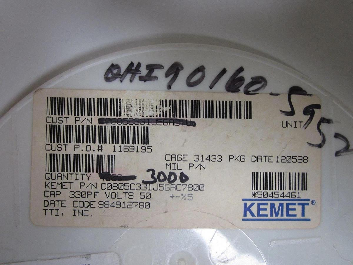 Kemet Ceramic Capacitor, C0805C331JGAC780, 50V, 5%TOL, Reel of 3000