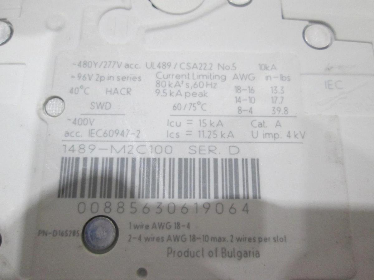 Allen-Bradley, 1489-M2C100, Miniature Circuit Breaker, 2 Pole, New