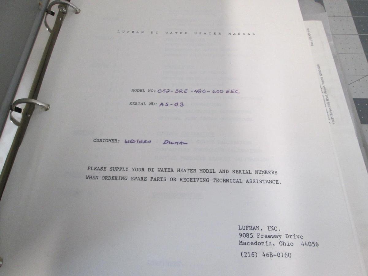 Used Lufran, 052-SRE-480-600EEC, Ultrapure DI Water Heater Manual, Used