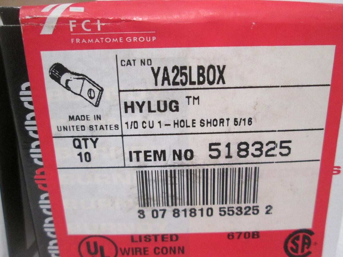 Used FCI, YA25LBOX, HyLug, 1/0 CU 1- Hole Short 5/16, New, Lot of 14