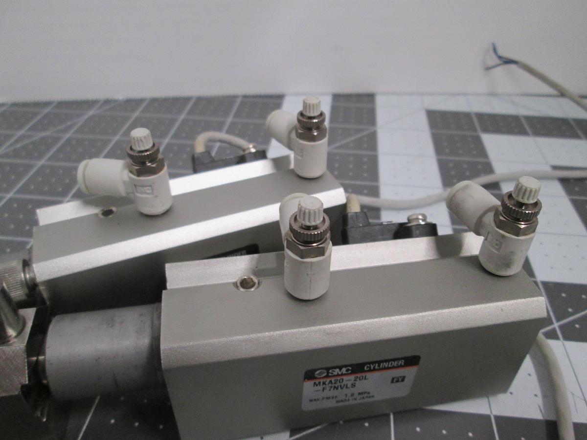 Used SMC MKA20-20L Rotary Clamp Pneumatic Cylinder Lot of 2 with Speed Controls
