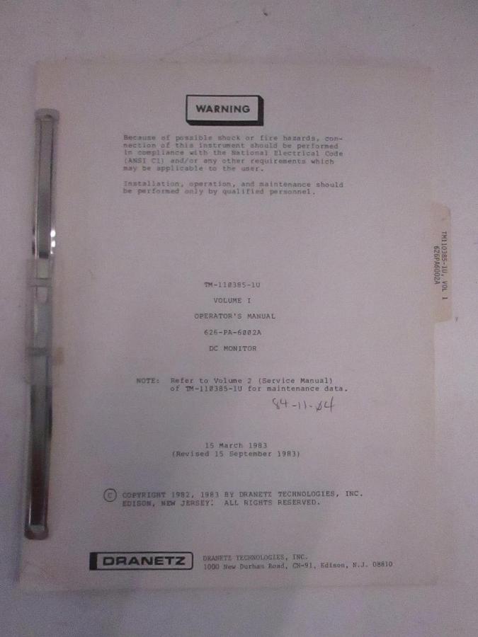 Used Dranetz Volume 1 Operators Manual for TM-110385-1U, Used