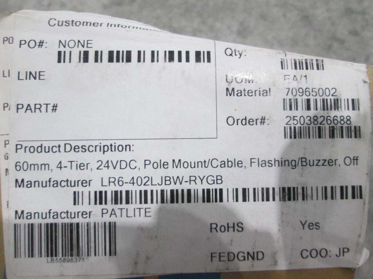 Patlite, LR6-02LJBW, 60mm, 4-Tier, 24VDC, Pole Mont/Cable, Flashing/Buzzer, New