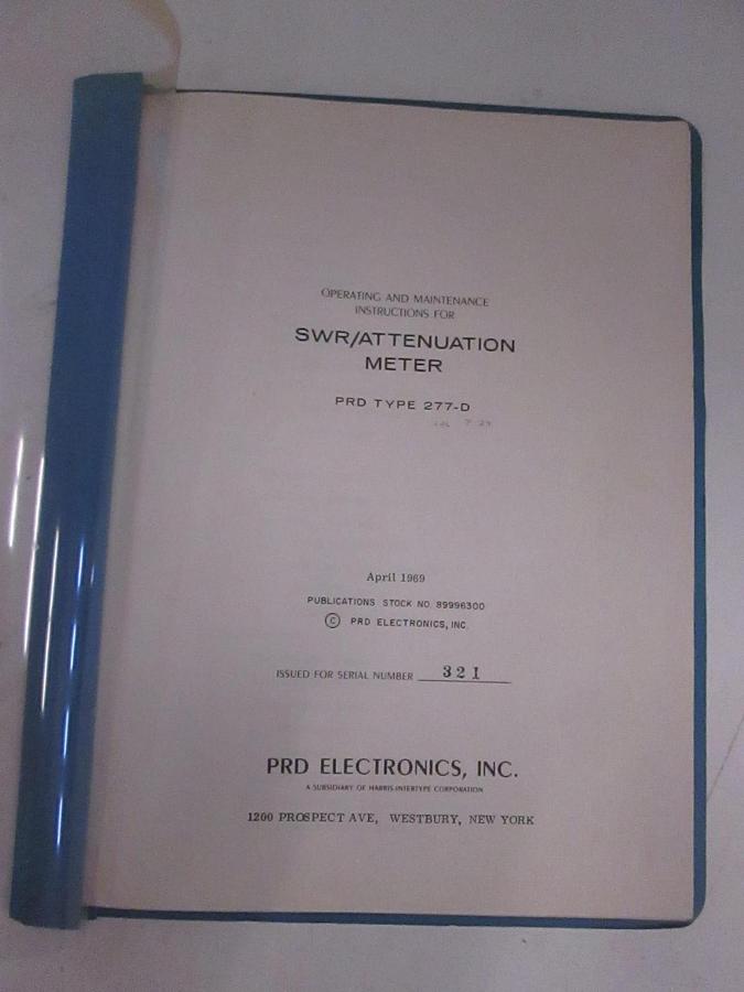 Used PRD Type 277-D SWR-Attenuation Meter Operating and Maintenance Manual, Used