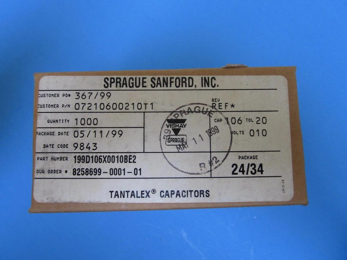 Vishay TANTALEX Capacitor 199D106X0010BE2 Box of 1000, Resin coated Radial-Lead