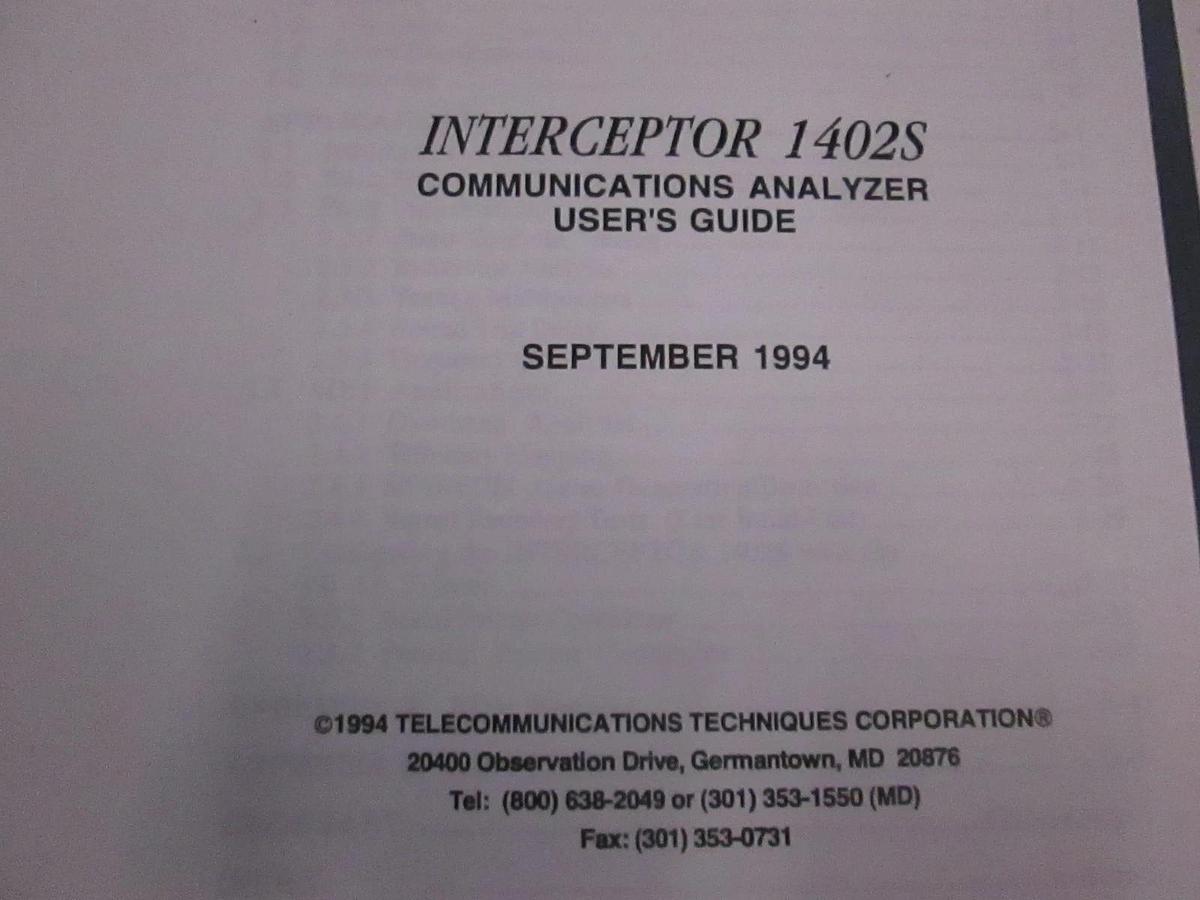 Used TTC Interceptor 1402S Communications Analyzer User's Guide, Used