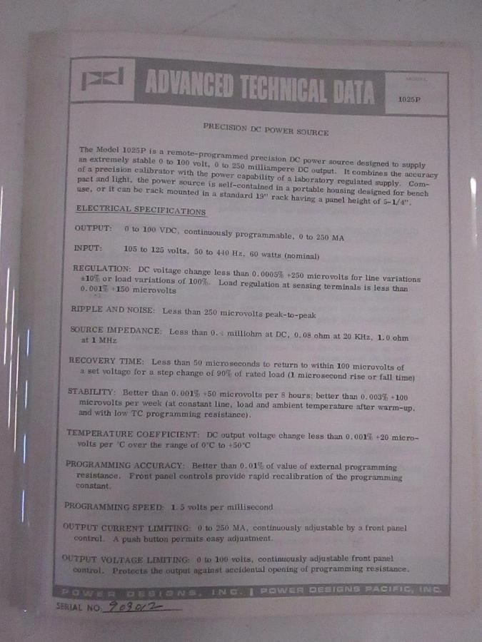 Used Power Designs Advanced Technical Data for Model 1025P, Used