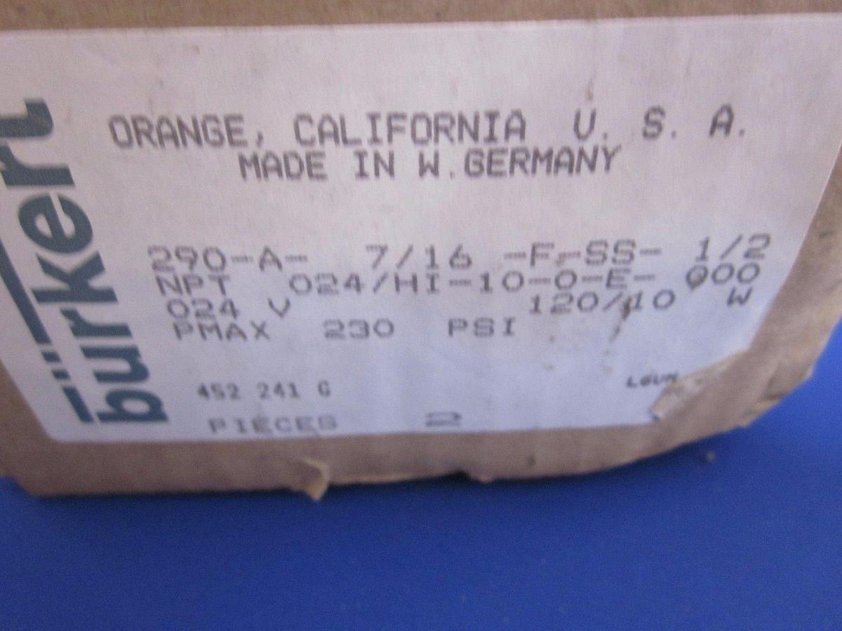 Used Burkert 452 241 G General Purpose Valve 2/2 Way, 290-A-7/16-F-SS-1/2, LOT of 2