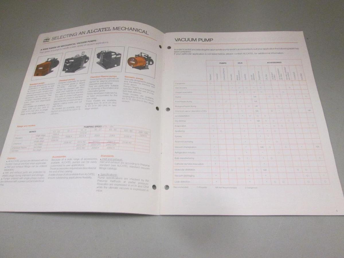 Used Alcatel, 100-85, Mechanical Vacuum Pumps and Accessories Booklet, Used