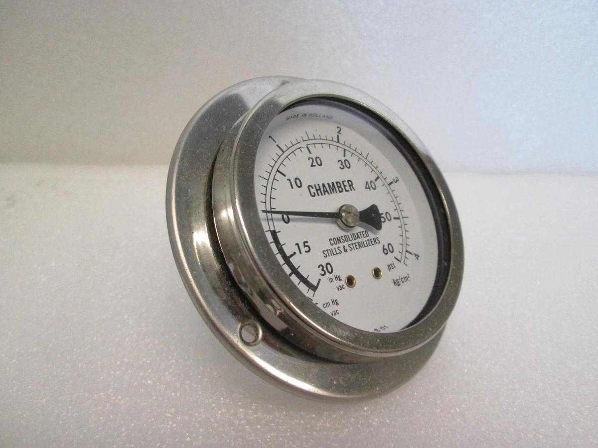Used Consolidated Stills & Sterilizers, 0-60 PSI Pressure Gauge, Back Mount, Used