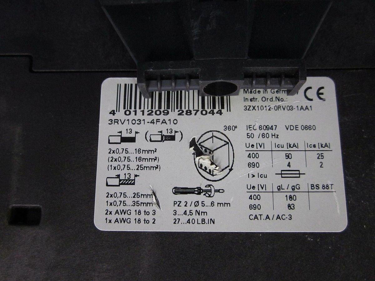 Used SIEMENS 3RV1031-4FA10 Circuit Breaker for Motor Protection w/ Contactor