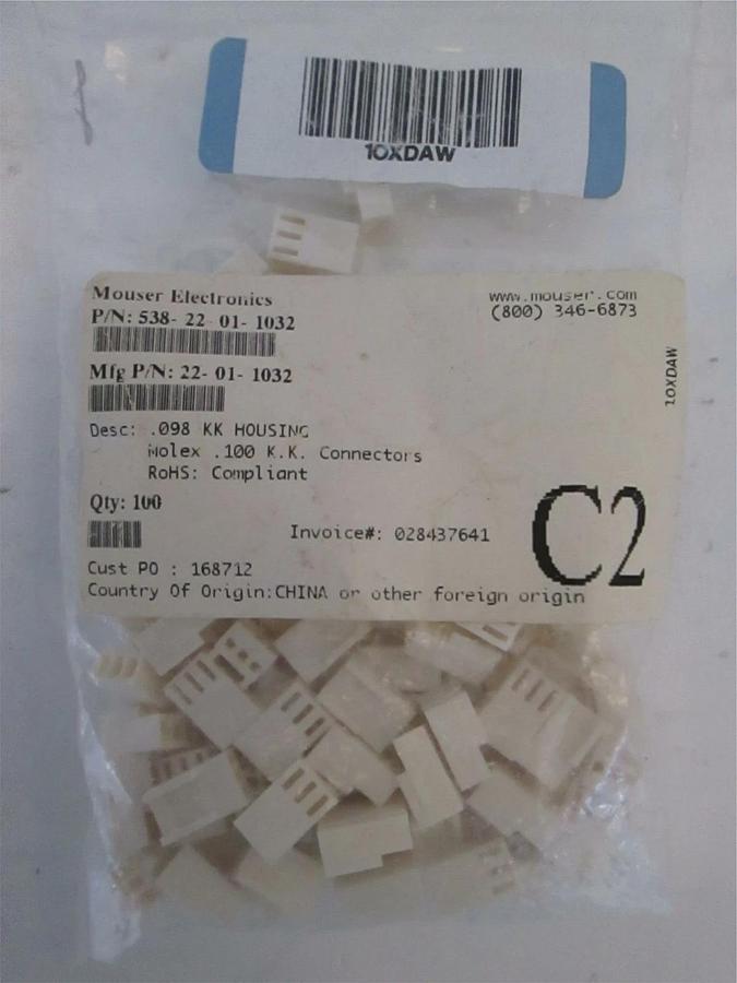 Mouser Electronics Female KK Connector, .098 KK Housing, New Lot of 100