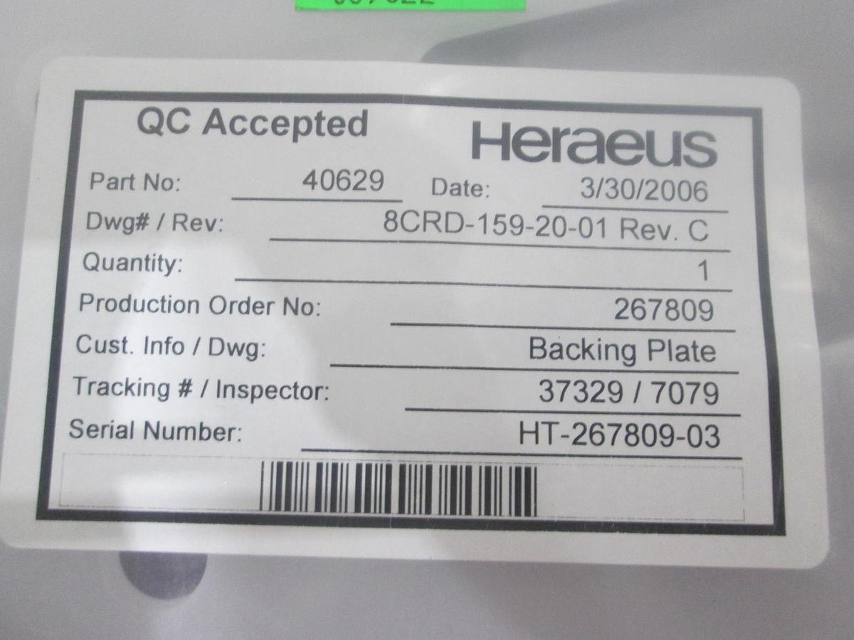 Used Heraeus, 40629, 8CRD-159-20-01, Quartz Backing Plate, New