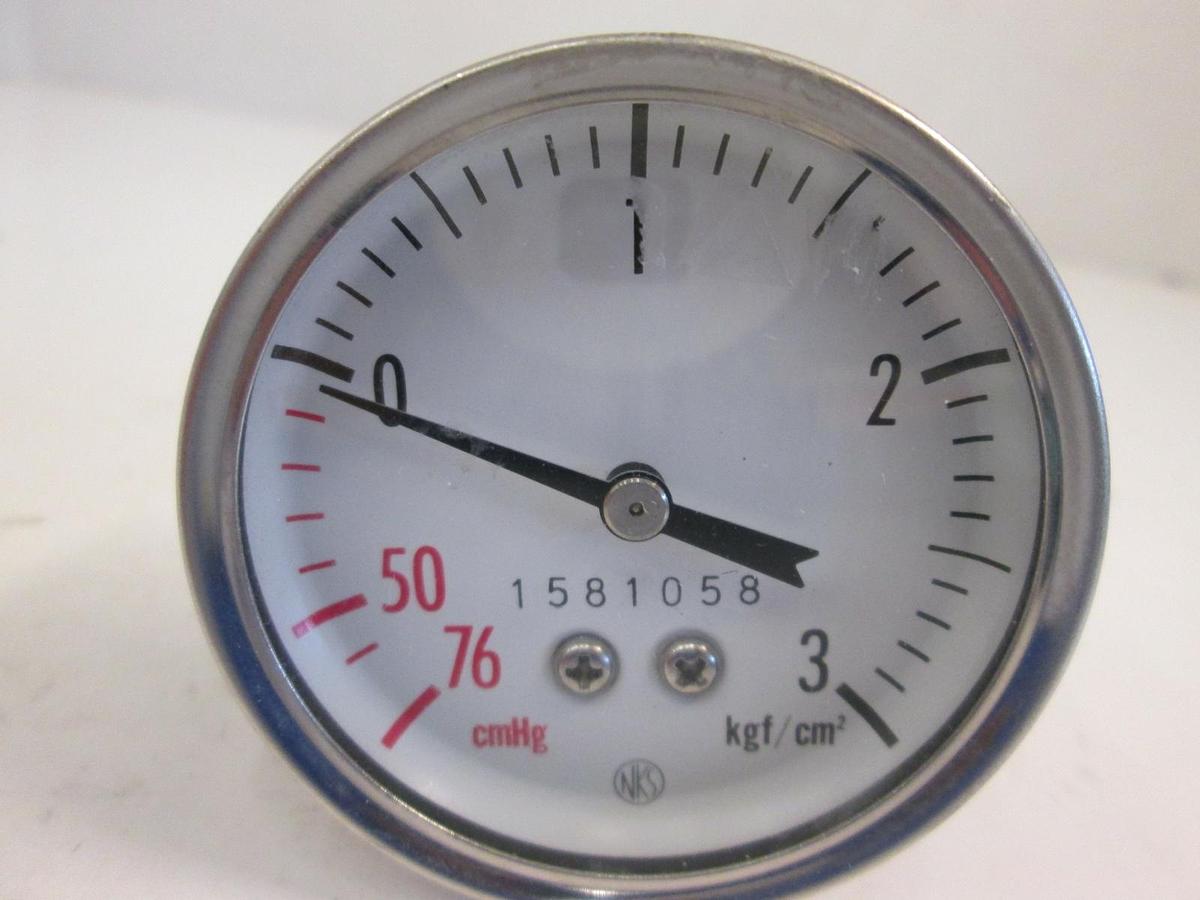 Used NKS Gauge 1581058, 76-0cmHG, 0-3 kgf/cm2, 1/4 fixed MVCR with adapter