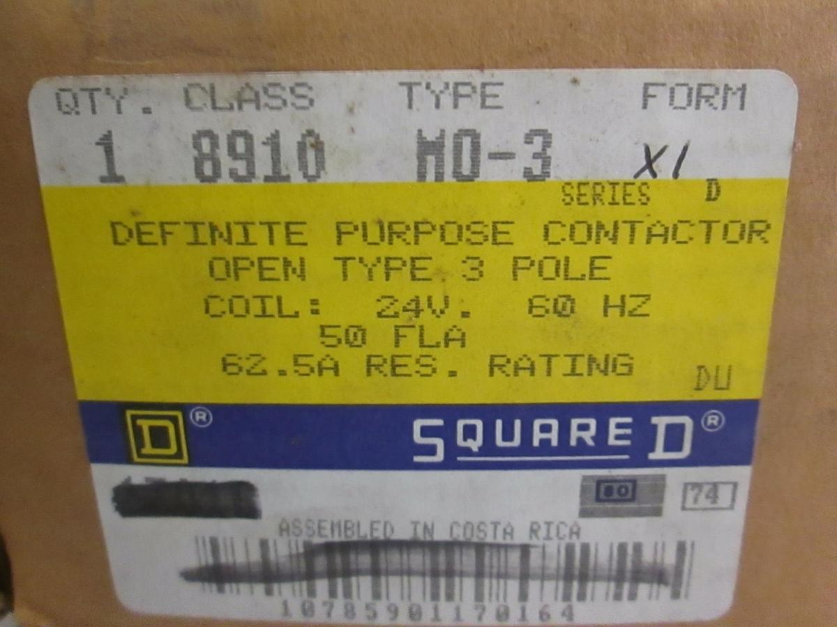 Used Square D MO-3 Definite Purpose Contactor Class 8910 24V, 60Hz, 3 Pole, New