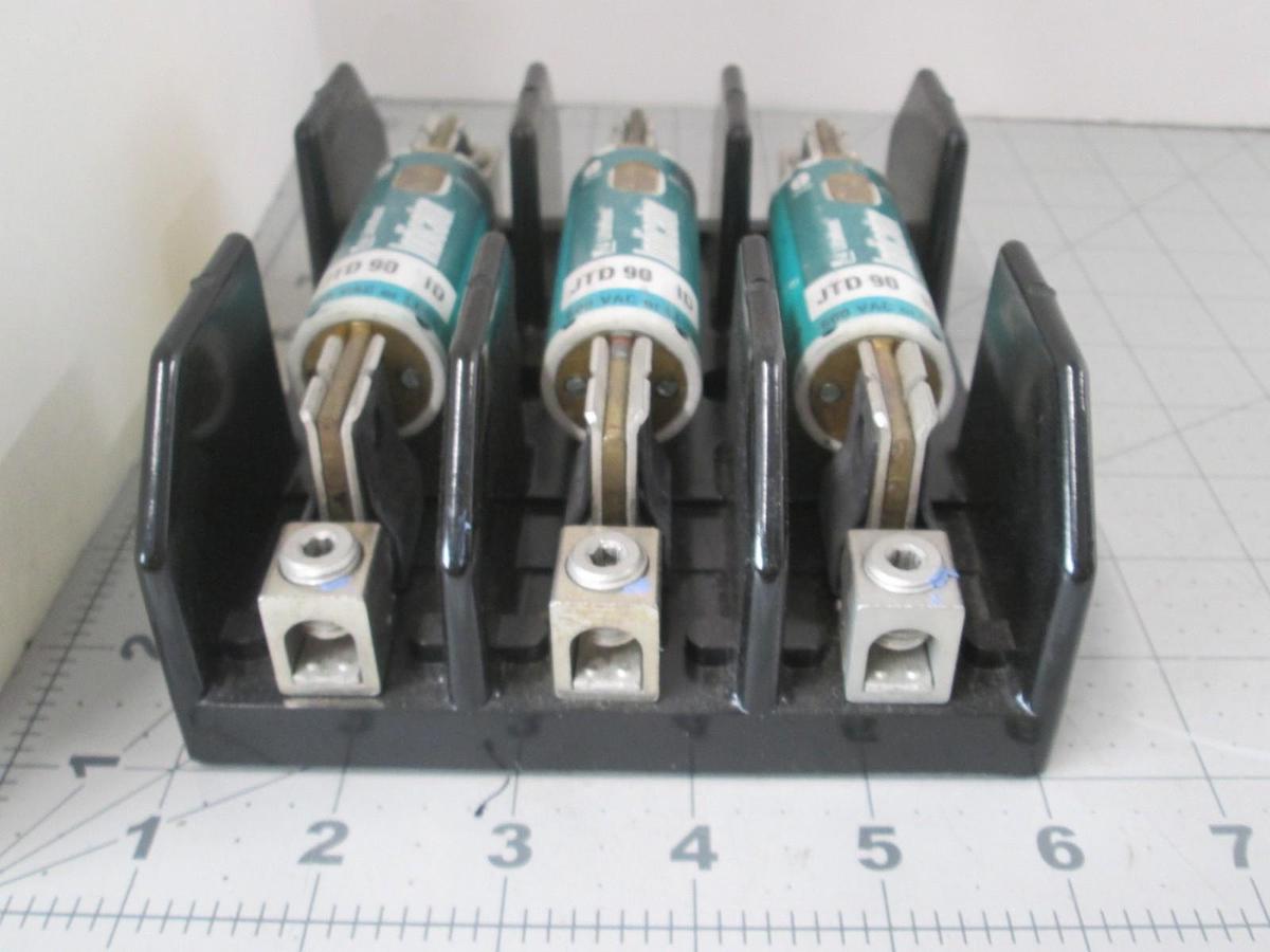 Used Bussmann, J60100-3CR Fuseholder w/ 3 Littelfuse JTD 90 ID Fuses, Used