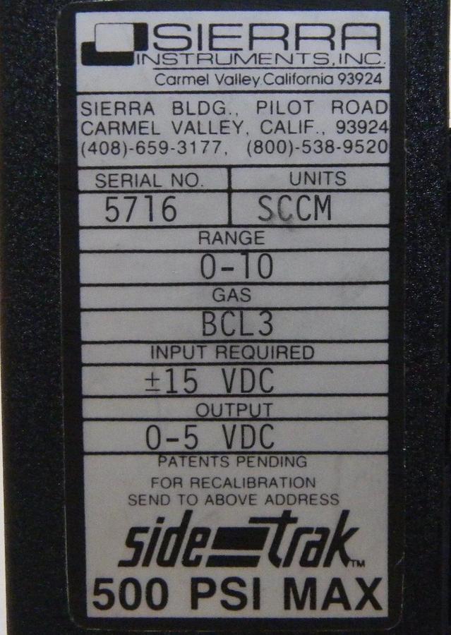 Used Sierra Instruments Sidetrak Mass Flow Controller, BCL3, 1-10 sccm, Used